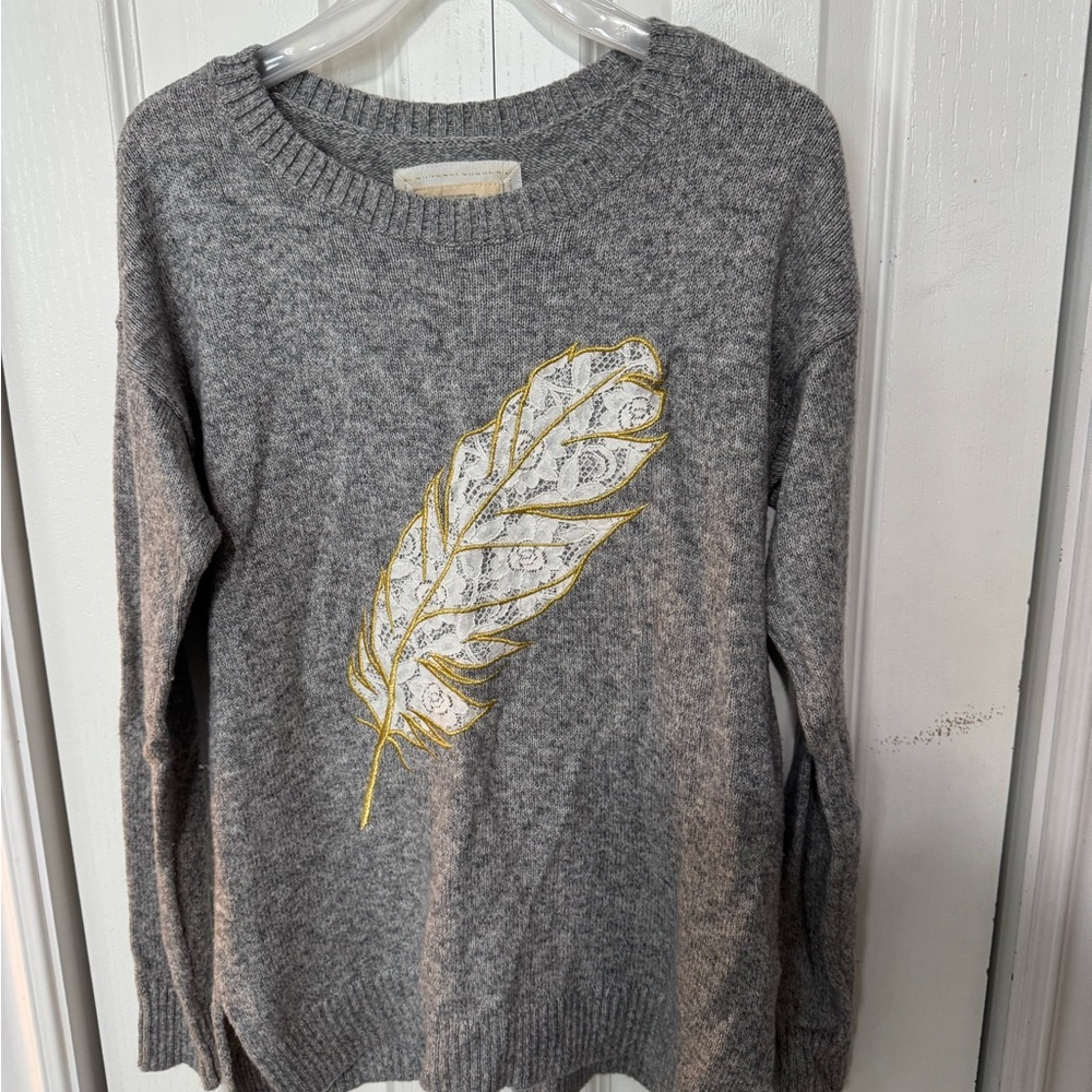 Gray Feather Embroidered Sweater
